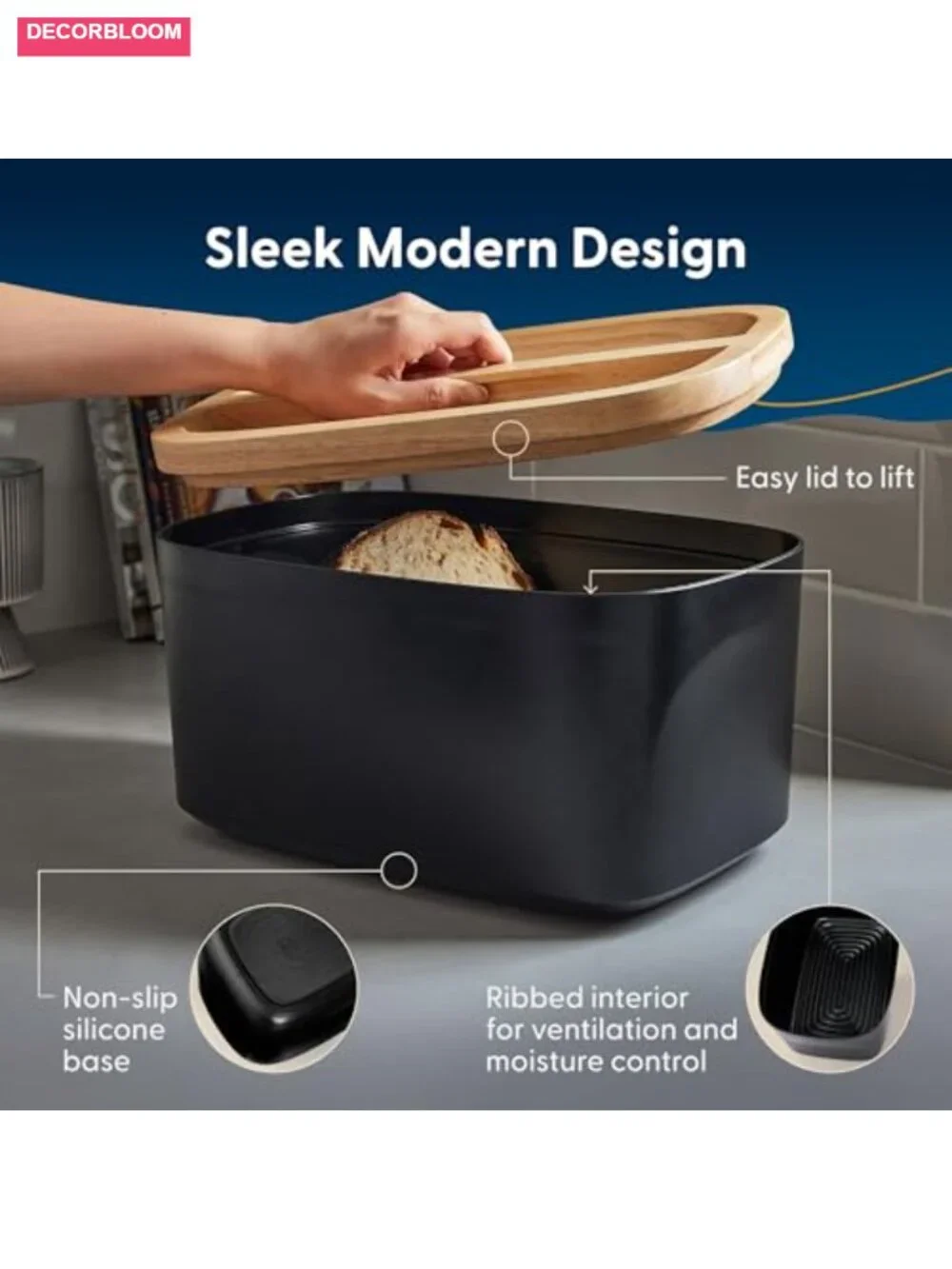 Large Bread Box with Cutting Board Lid, Eco-Friendly Bamboo Fiber, Fits